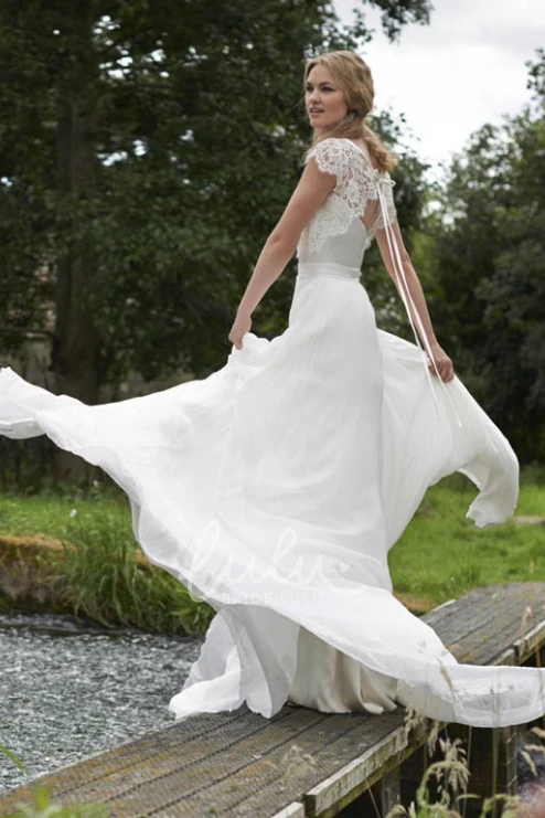 Cape Sleeve Sheath Lace & Chiffon Wedding Dress with Jewel Neck