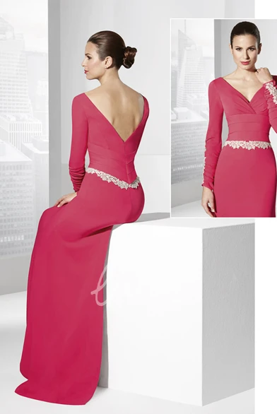 Long Sleeve Jersey Prom Dress Sheath V-Neck Floor-Length