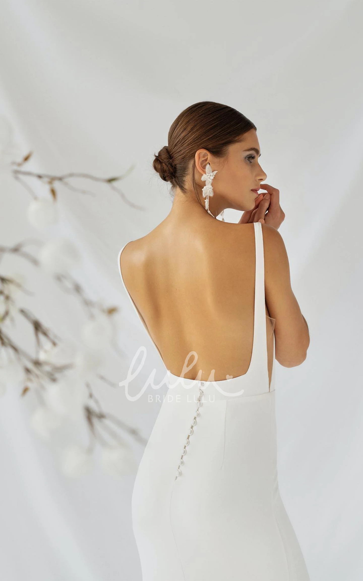 Simple Minimalist Satin Sheath Sleeveless Backless Romantic Country Wedding Dress