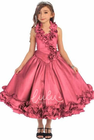 Ruffled Lace Flower Girl Dress with Tiered Skirt Tea-Length