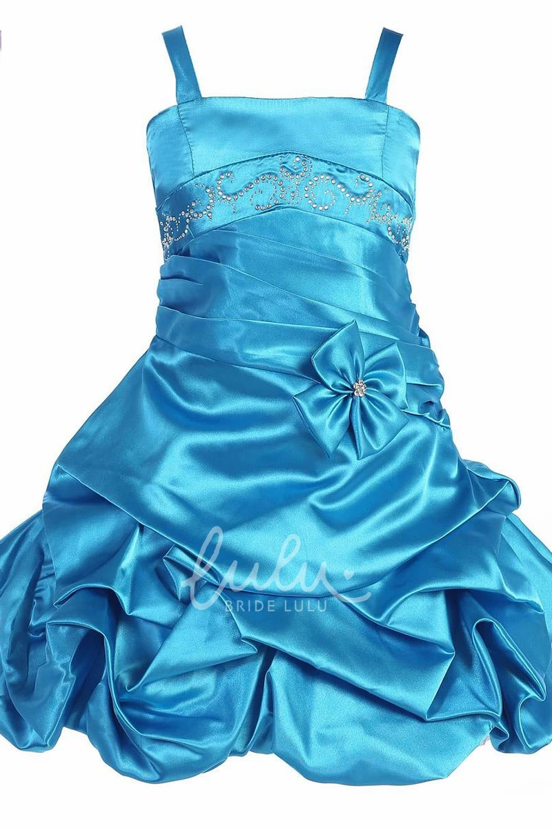 Beaded Satin Pleated Flower Girl Dress with Floral Print and Tiers Midi Length Modern