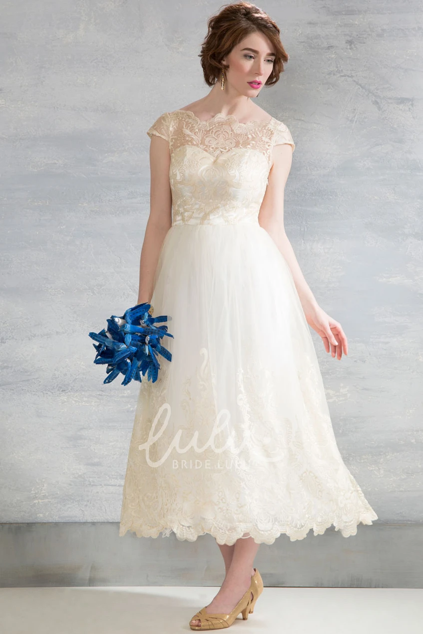 Appliqued Tulle Winter Wedding Dress Tea-Length Bateau Neck Sleeveless