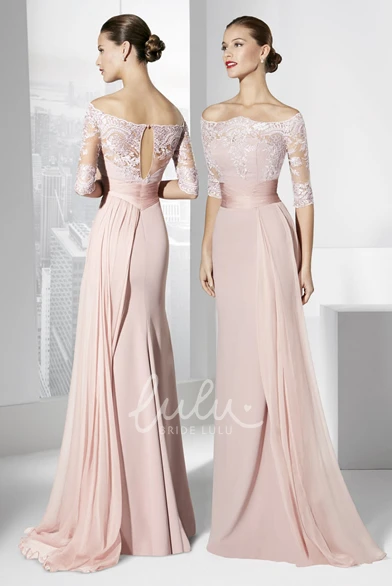 Elegant A-Line Boho Lace Chiffon Long Sleeve Maxi Prom Dress Floral Modest Off-the-Shoulder Pink Mother of the Bride Dress