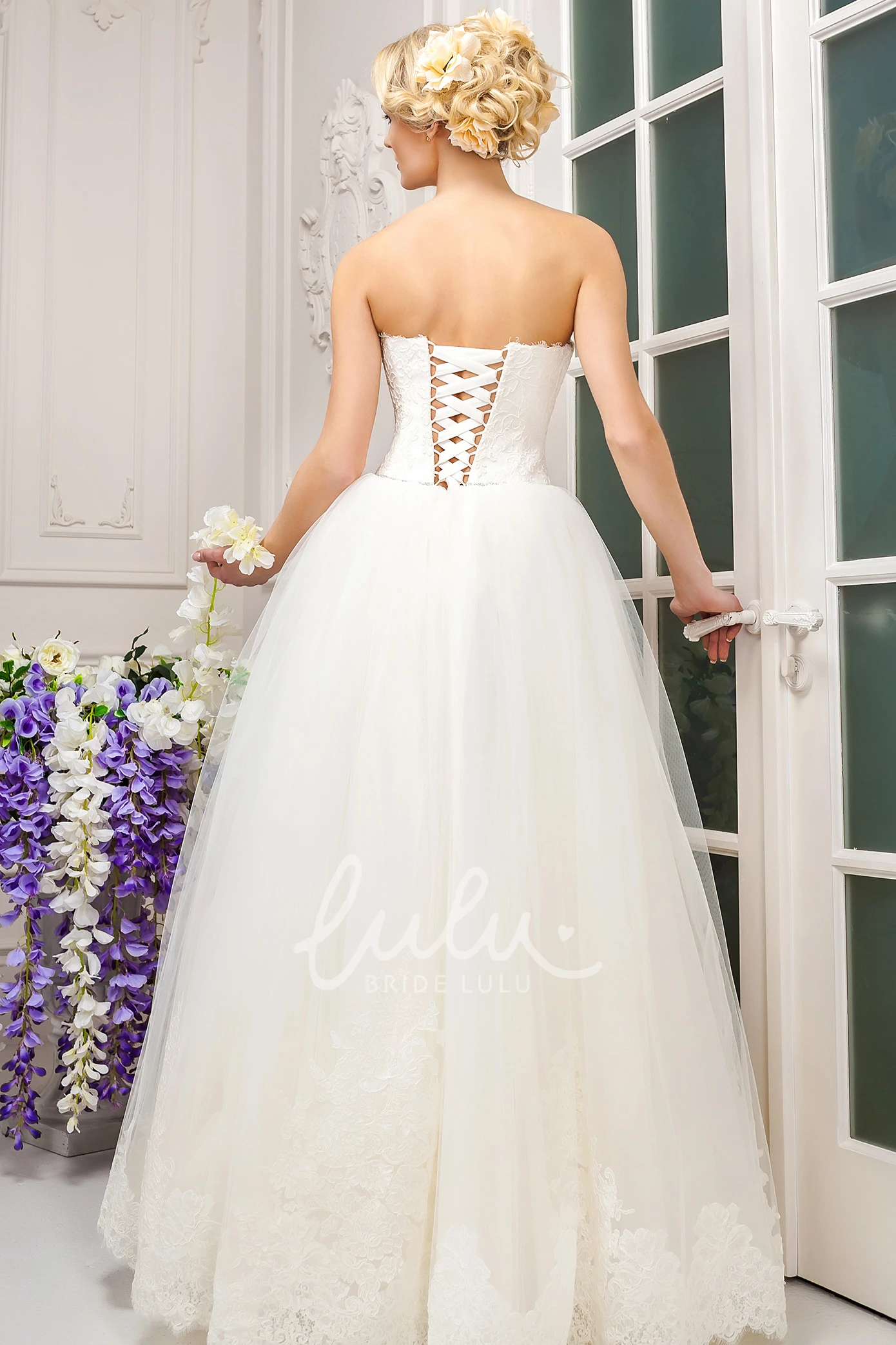 Ruched A-Line Tulle Wedding Dress with Strapless Neckline and Appliques