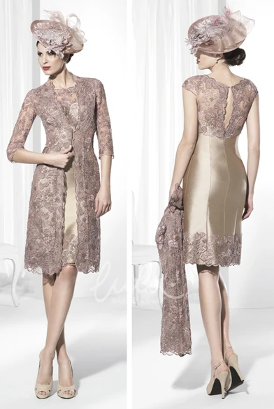 Knee-Length Lace & Satin Prom Dress with Jacket Half-Sleeve Scoop-Neck