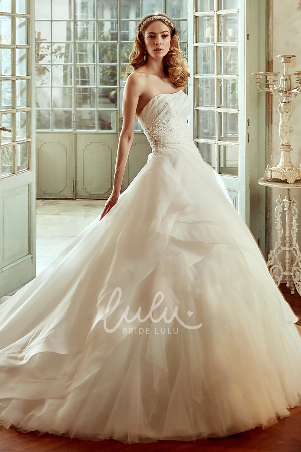 Ruched Skirt Strapless Wedding Dress with Brush Train and Side Draping
