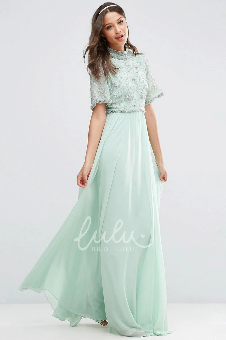 High Neck Bell Sleeve Chiffon Bridesmaid Dress with Pleats Floor-Length