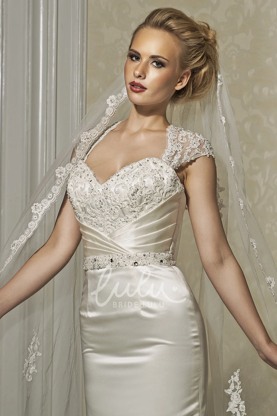 Satin Sheath Wedding Dress with Lace and Jeweled Cap Sleeves Classy Bridal Gown