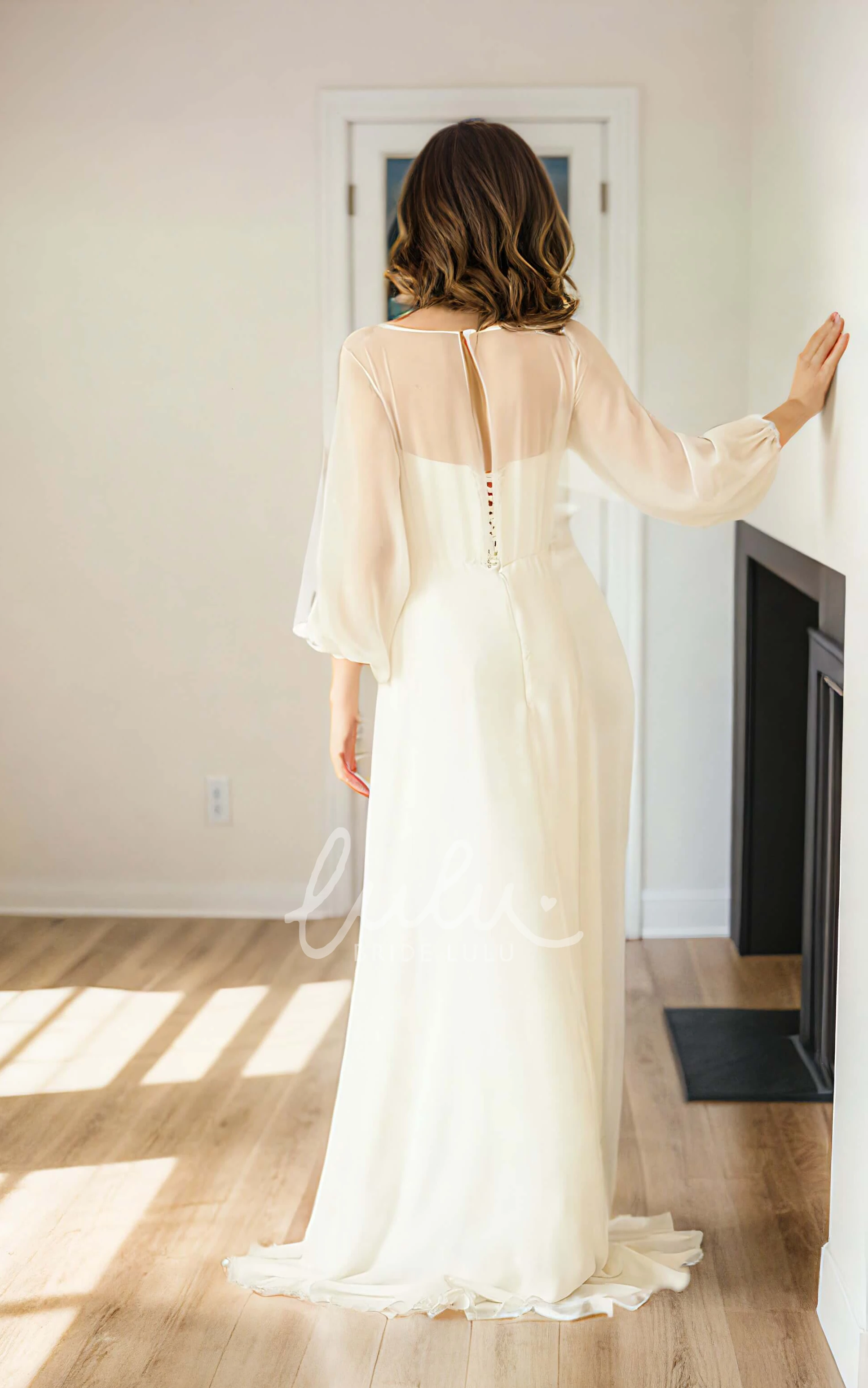 Long Sleeve A-line Tube Top Illusion Bustier Boat Chiffon Dress