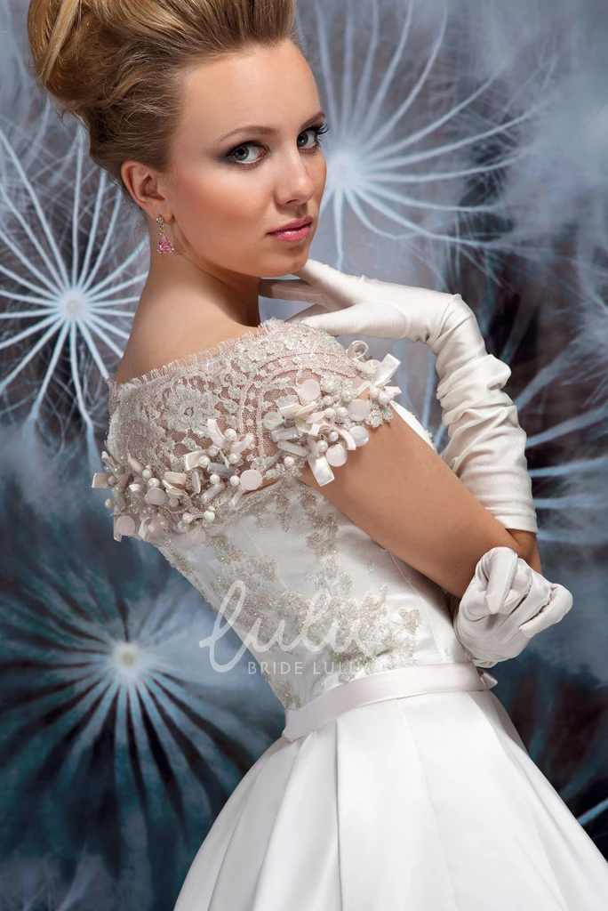 Cap Sleeve Bateau Neck Satin Spring Wedding Dress with Appliques A-Line Maxi Style