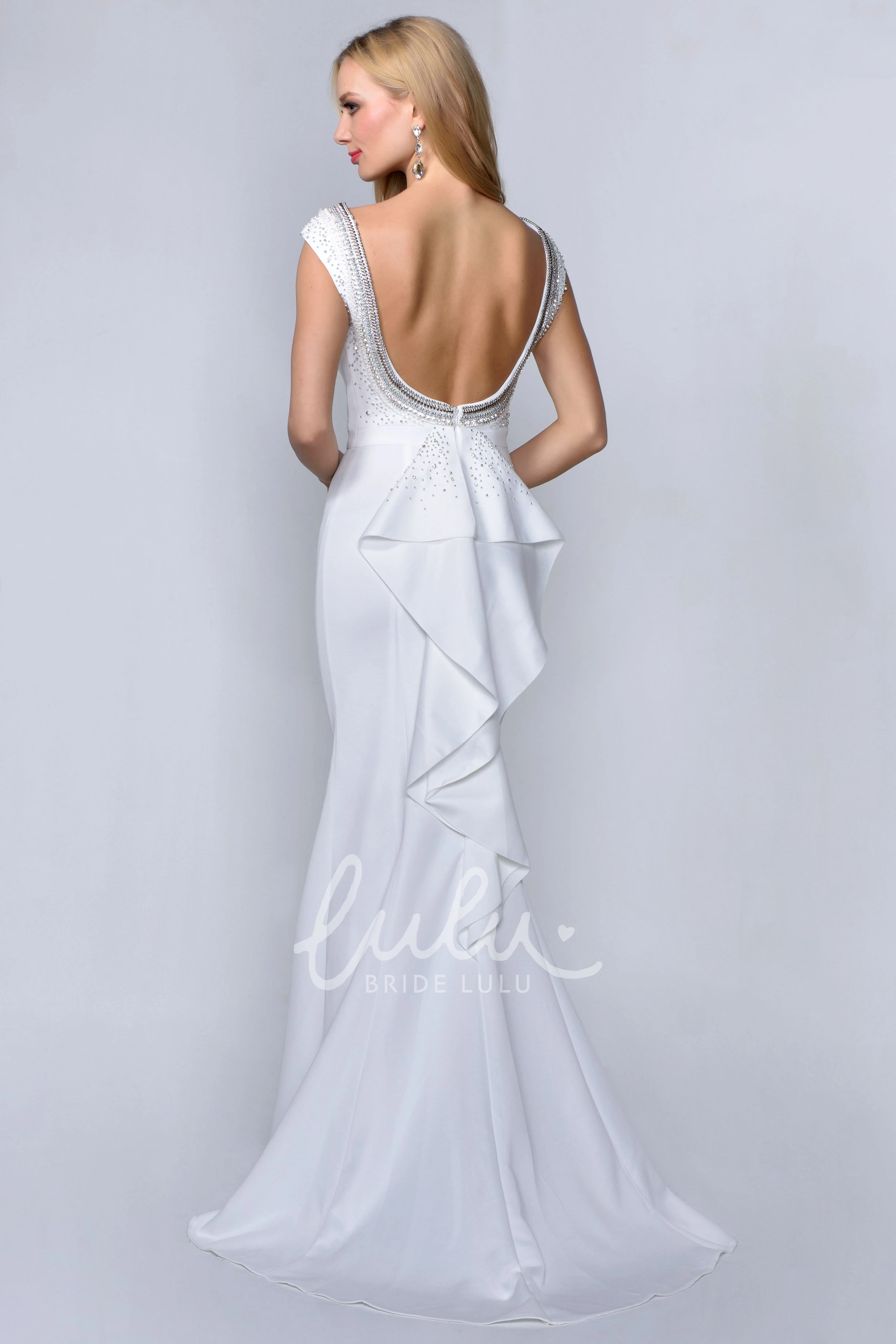 Backless Sheath Dress with Cap-Sleeves Beading and Draping
