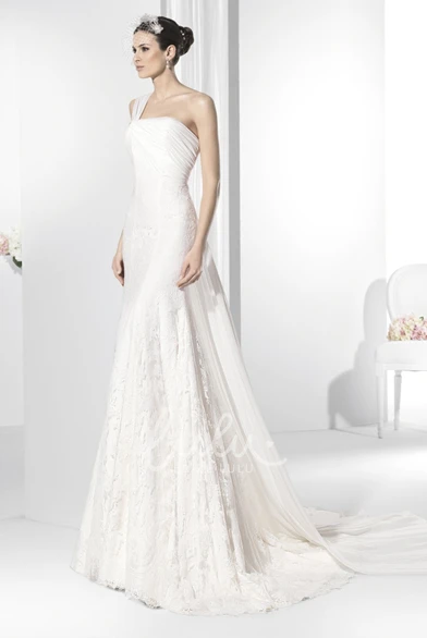 Ruched One-Shoulder Lace Wedding Dress Sleeveless Elegant