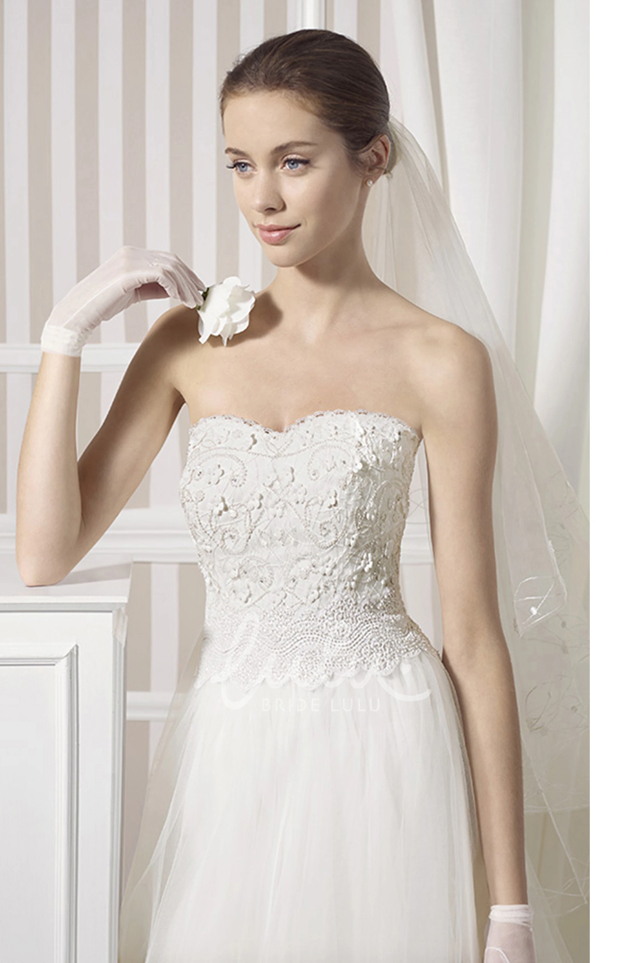 Strapless Appliqued Tulle&Satin A-Line Wedding Dress with Chapel Train Classic Bridal Gown