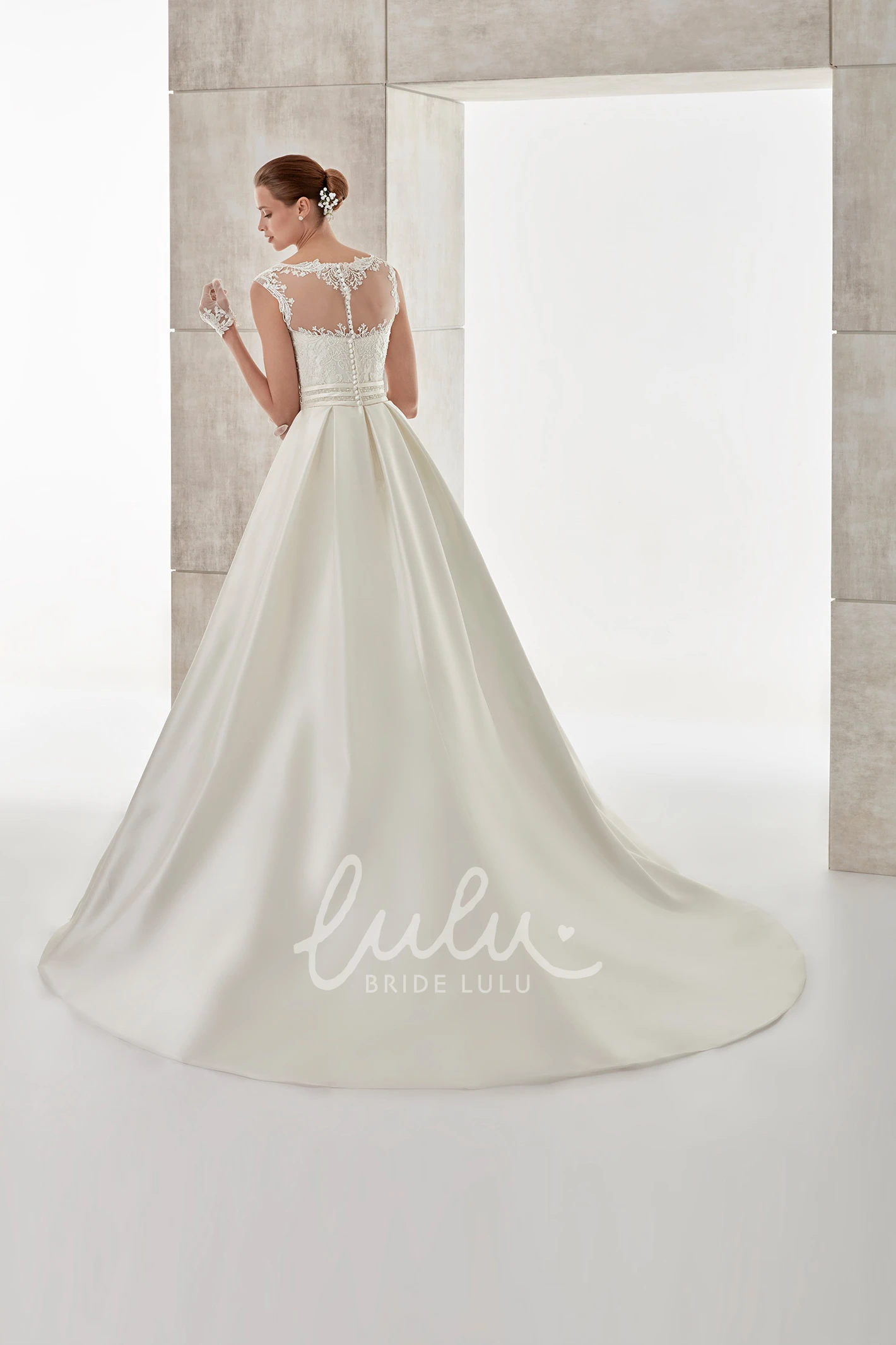 Lace Bodice Cap-Sleeve A-Line Wedding Dress with Brush Train Elegant Bridal Gown