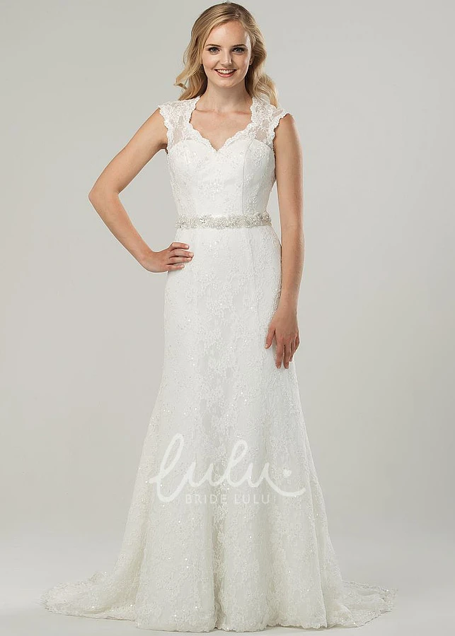 Beaded V-Neck Lace Wedding Dress with Bow and Sweep Train Elegant Bridal Gown