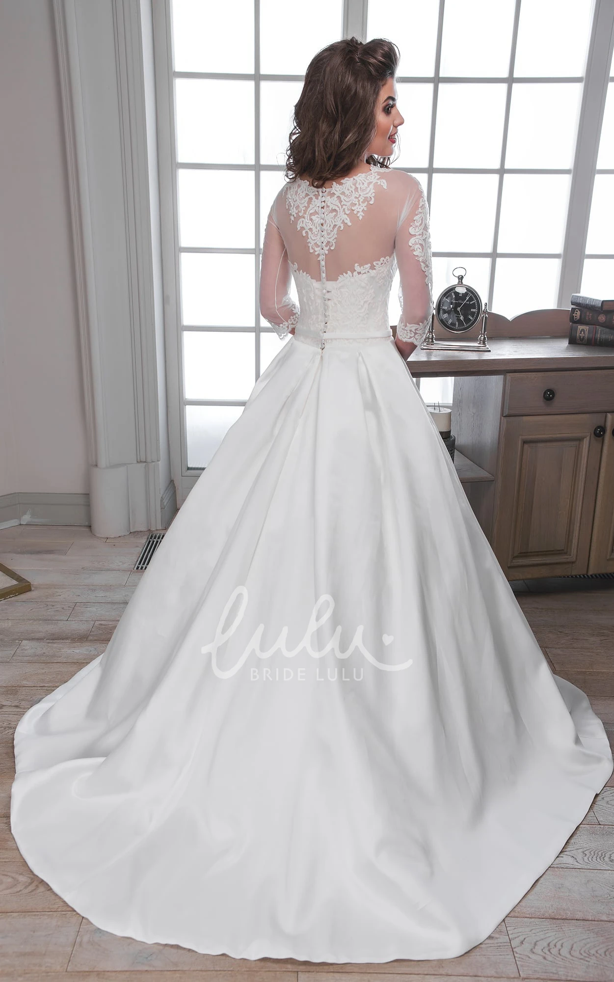 Satin Illusion Wedding Dress with 3/4 Sleeves and Appliques