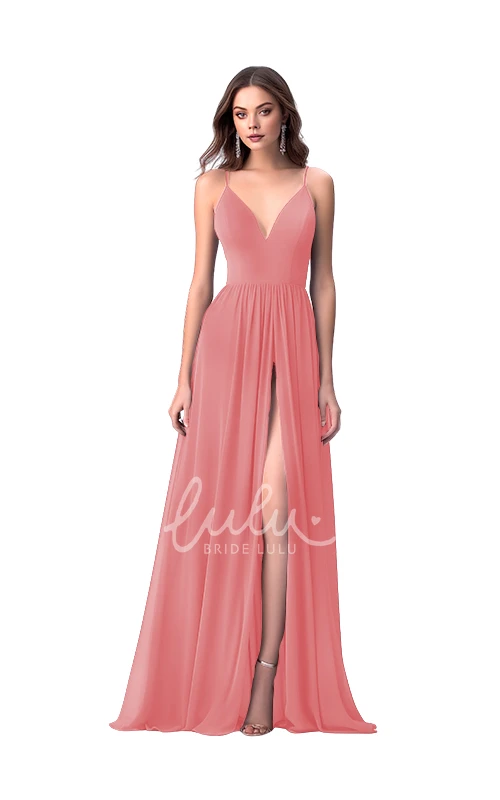 A-Line Chiffon Romantic V-neck Bridesmaid Dress with Split Front Modern Wedding Dress