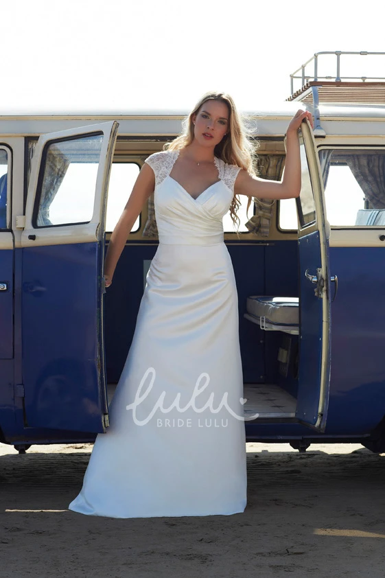 Satin Chiffon Wedding Dress with Cap-Sleeves and Sweep Train V-Neck Ruching