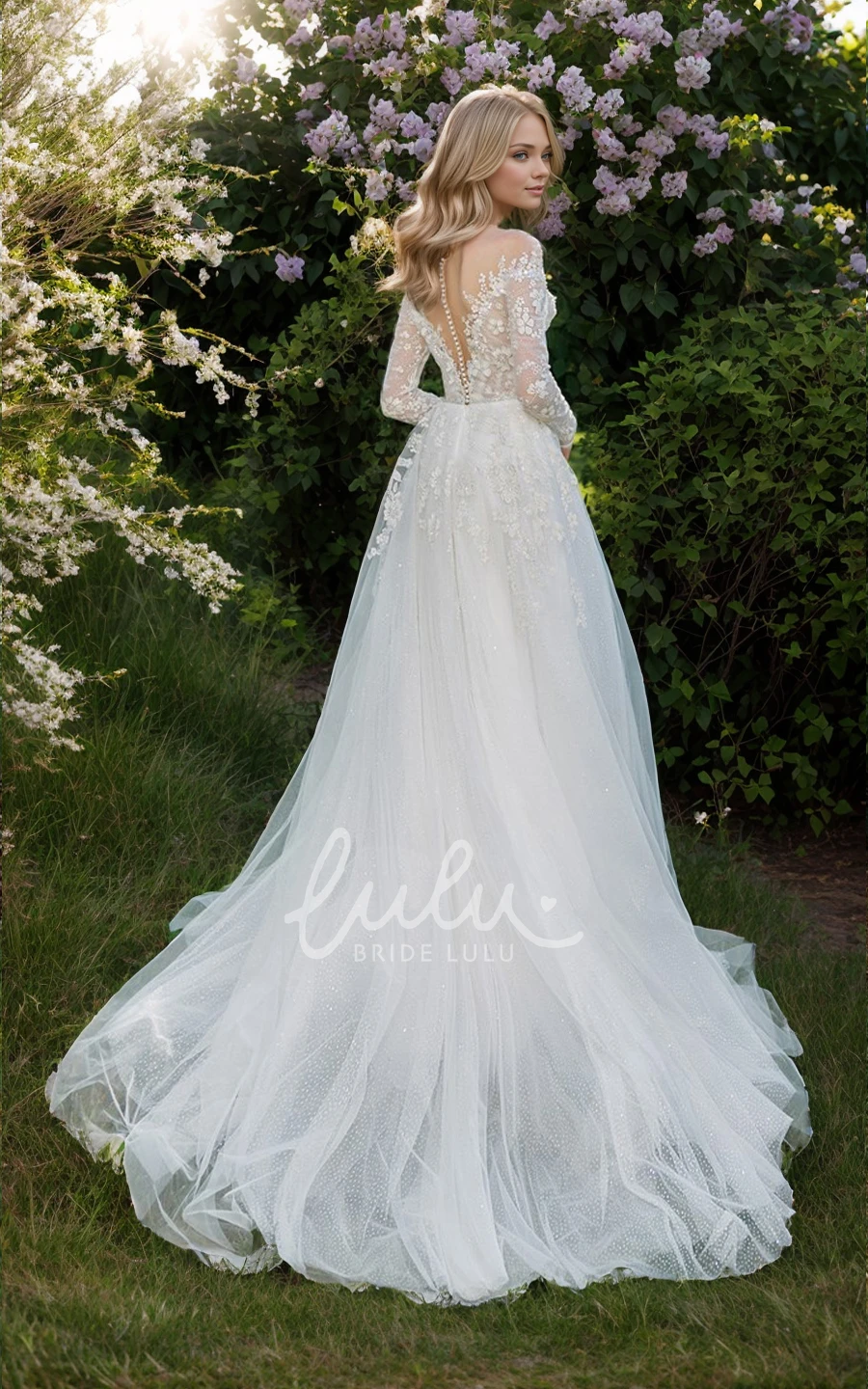 Elegant Boho A-line Floral Wedding Dress Long Sleeve Lace Court Train Gown