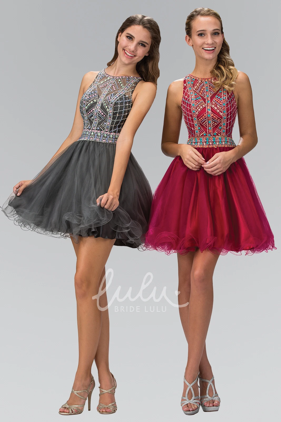 Ruffled A-Line Sleeveless Dress with Beading and Scoop Neckline