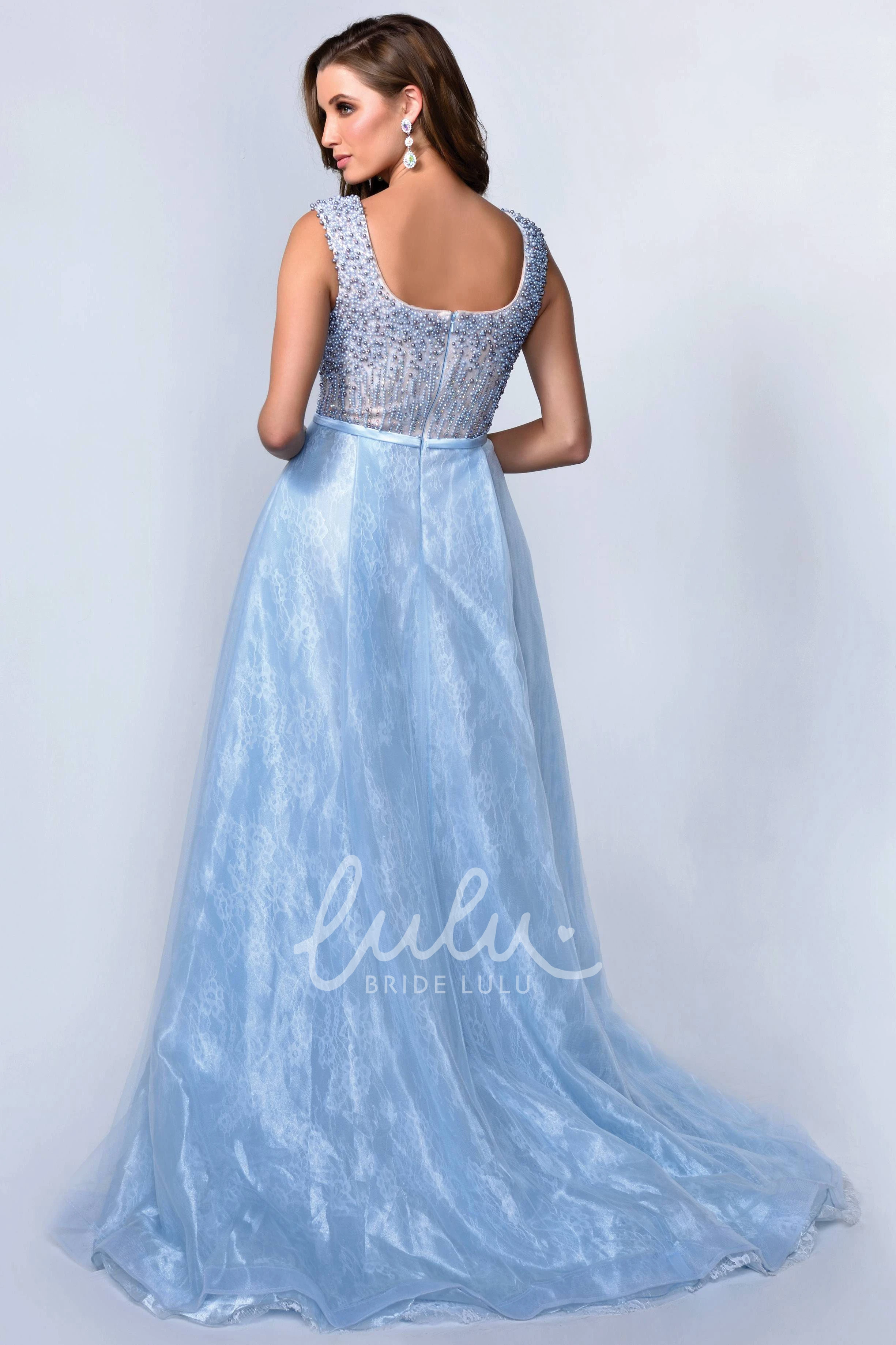 Beaded Square-Neck Sleeveless A-Line Formal Dress with Zipper