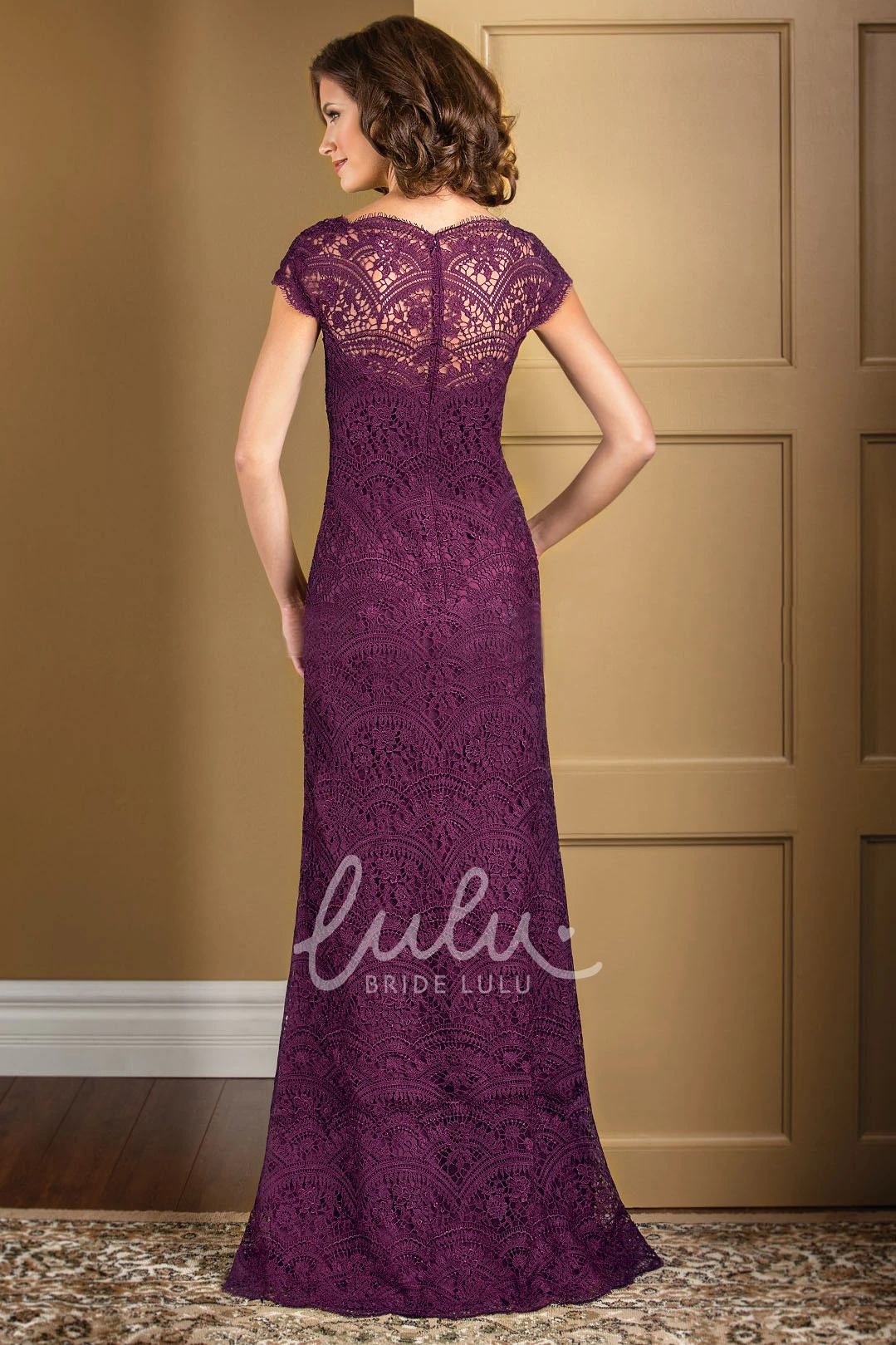 Lace Cap-Sleeved Illusion Formal Dress with V-Neckline
