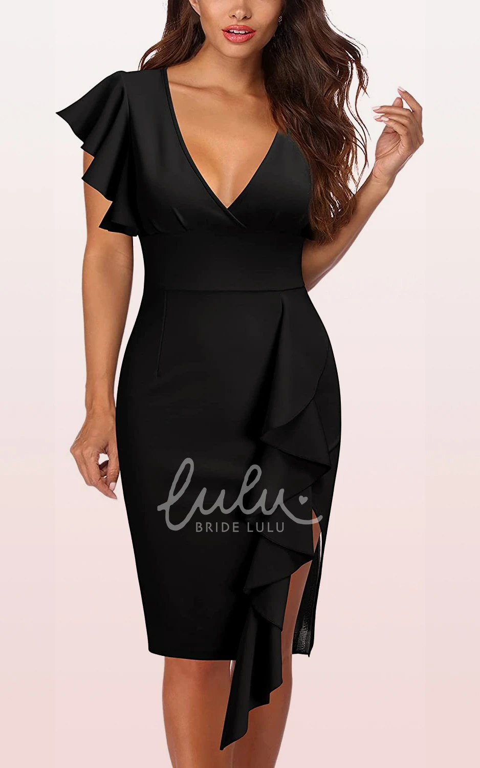 Short Sleeve Taffeta Ruffle Pencil Formal Dress with Modern Zipper