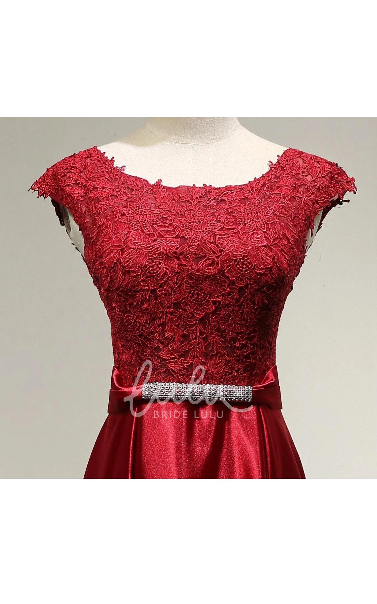 Satin Dress with Lace Cap Sleeves Beaded Belt and Elegant Style