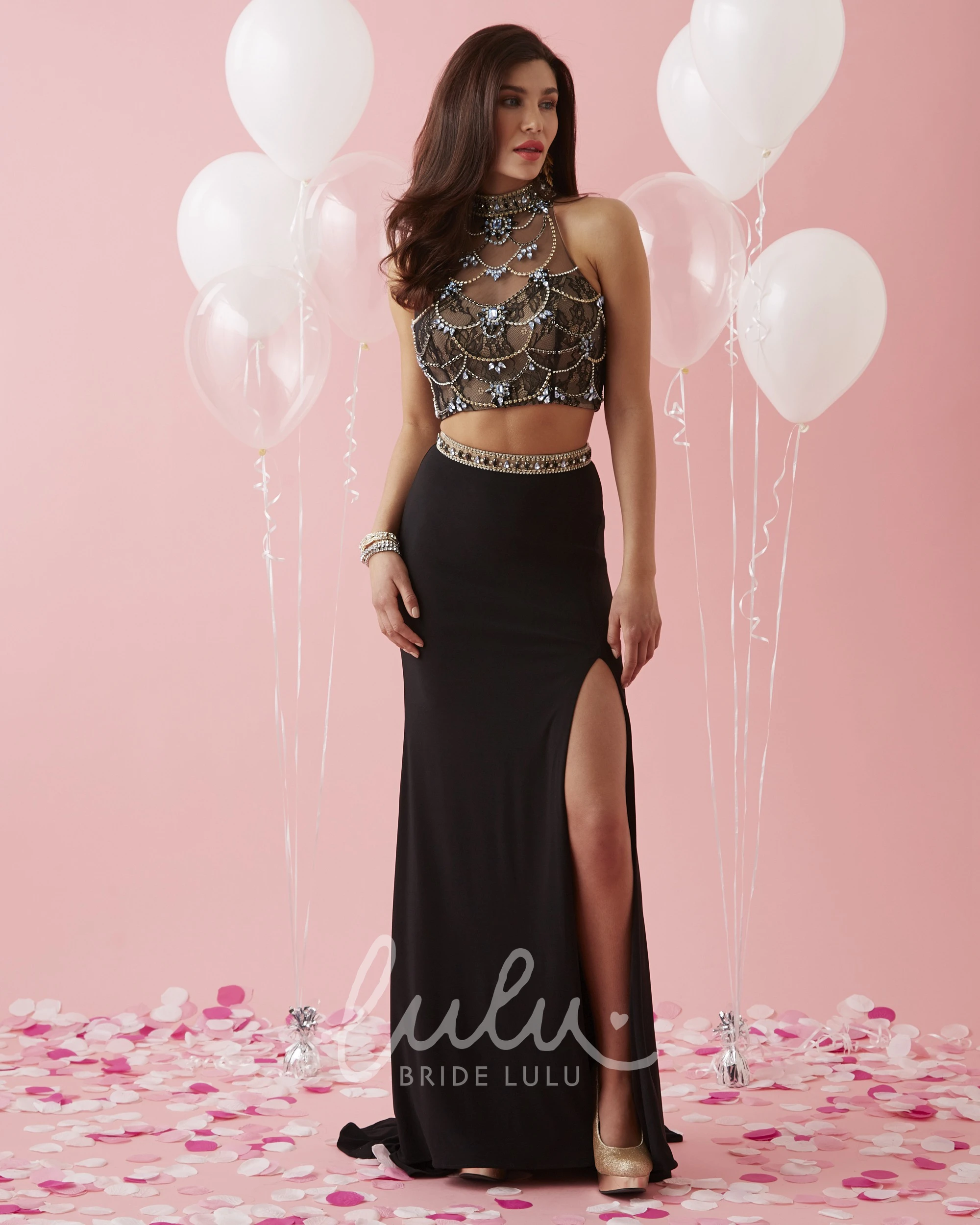 Sheath Jersey Lace Illusion Bridesmaid Dress with High Neck and Split Front