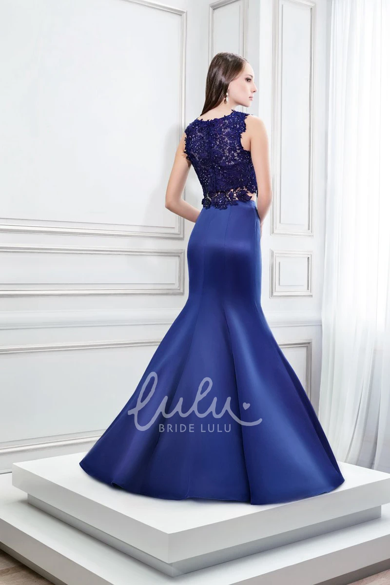 Jewel Neck Sleeveless Satin Mermaid Prom Dress with Appliques