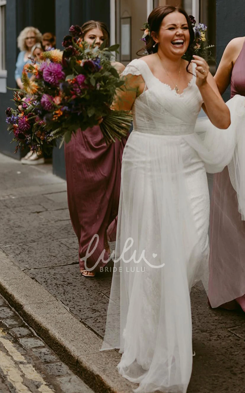 A-Line Lace Court Wedding Dress with V-Neck and Sweep Train Romantic