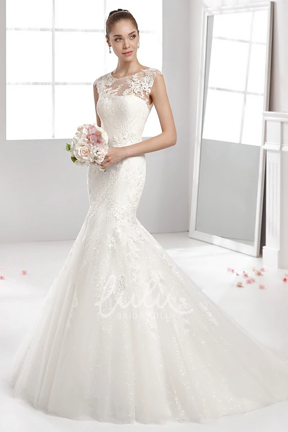 Mermaid Lace-Applique Wedding Dress with Jewel-Neck and Pleated Train