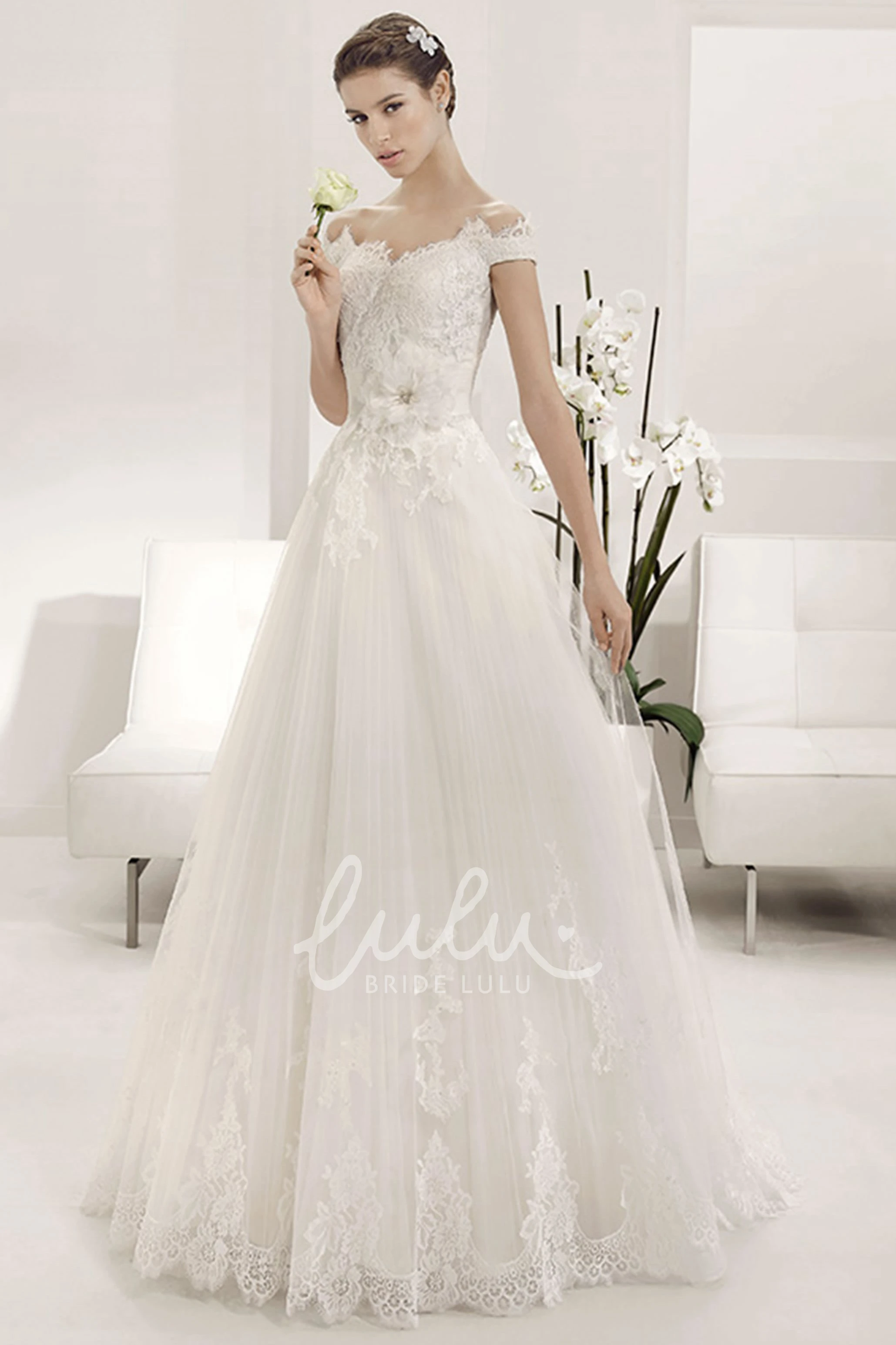 Off Shoulder A-line Tulle Gown with Lace Top and Flower Modern Wedding Dress