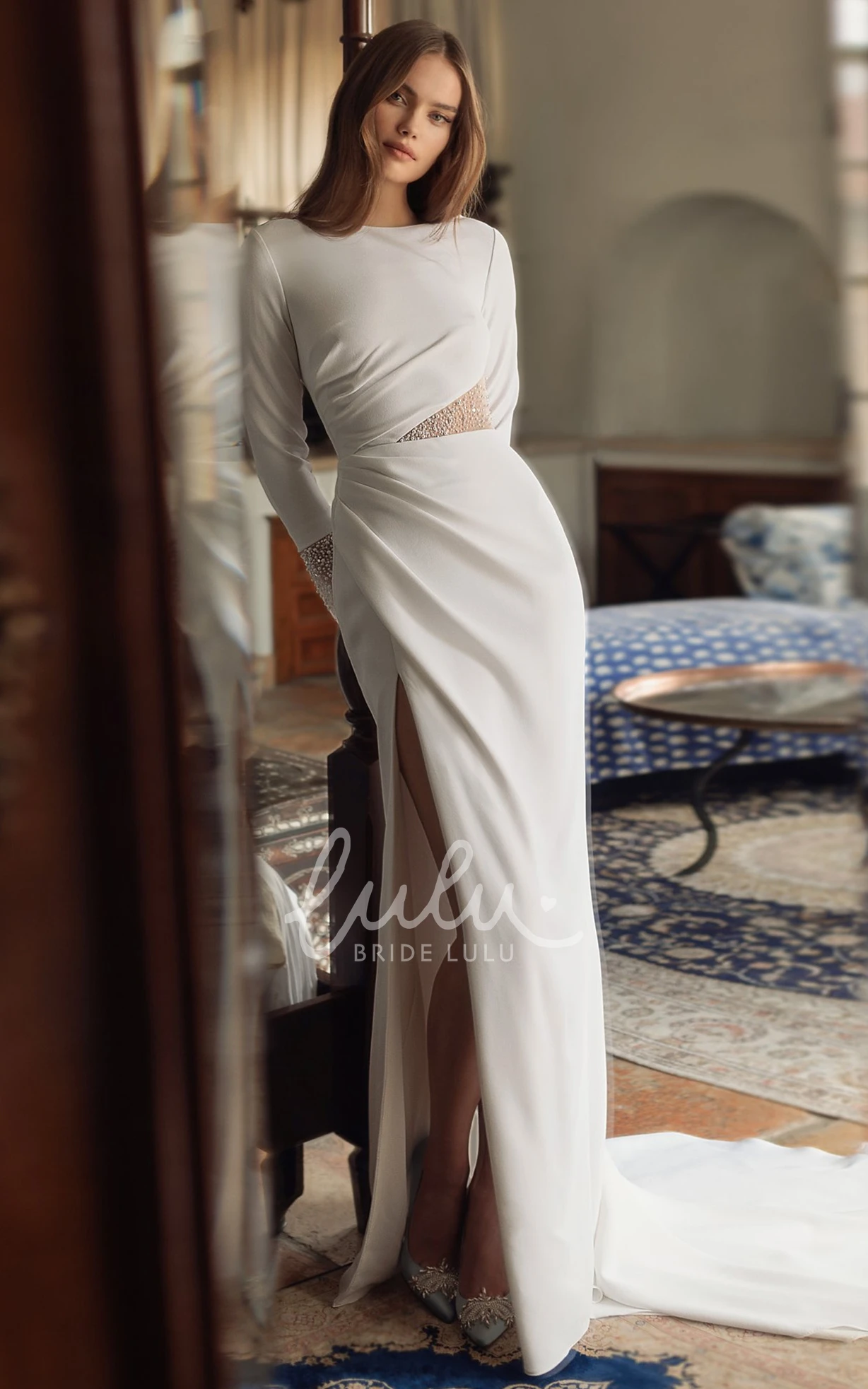 Sheath Jersey Bateau Split Front Ruched Wedding Dress Elegant and Modern