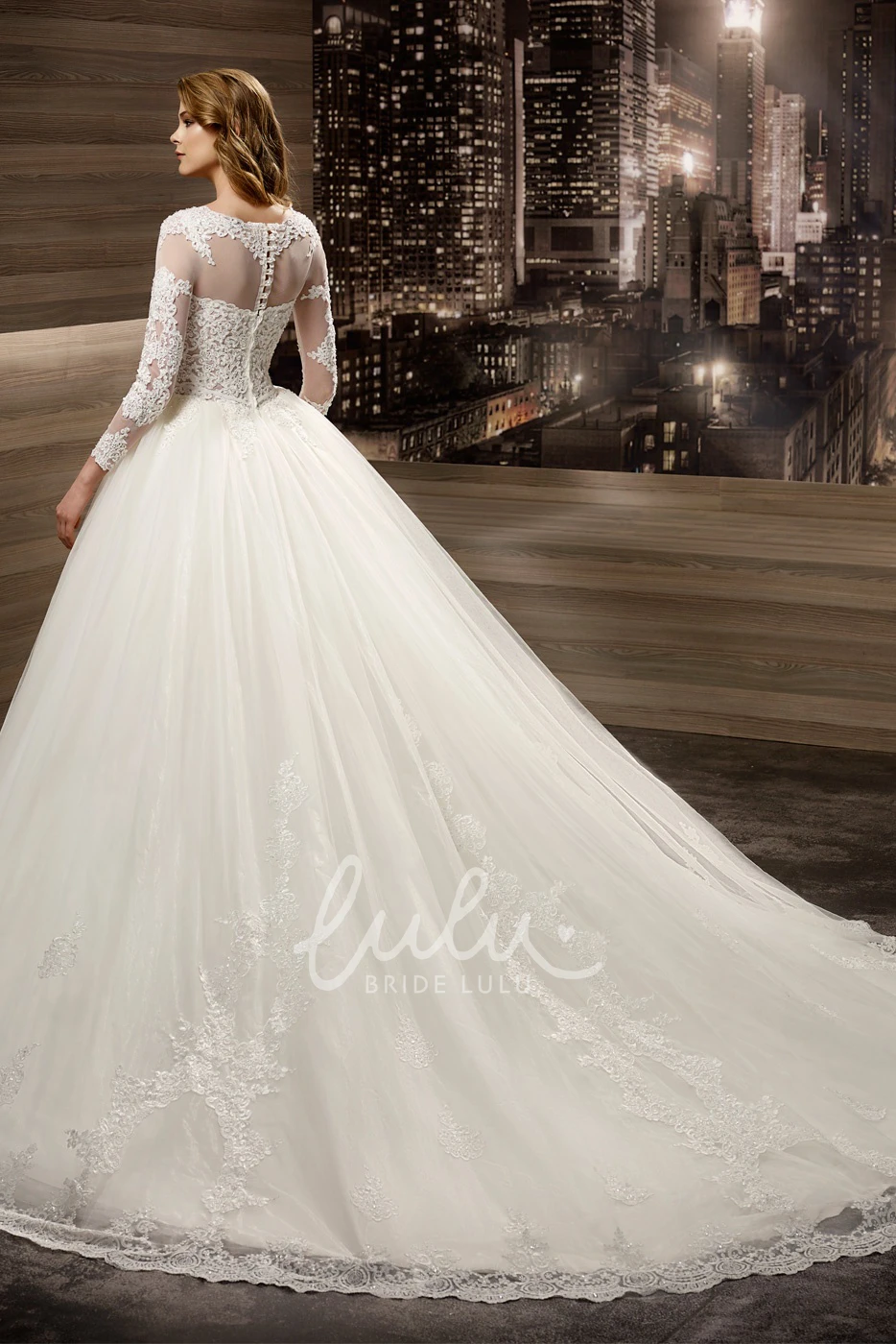 Long-Sleeve A-Line Wedding Dress with Lace Appliques Bodice and Brush Train