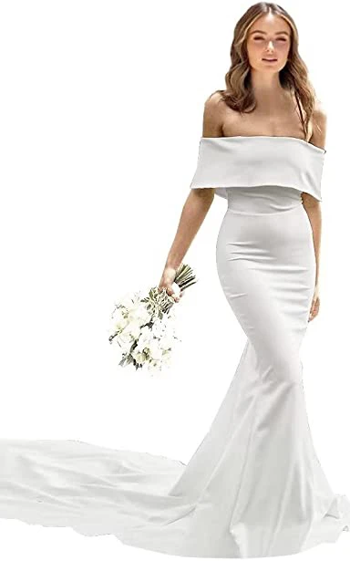 Sexy Satin Mermaid Wedding Dress with Off-the-shoulder and Short Sleeves