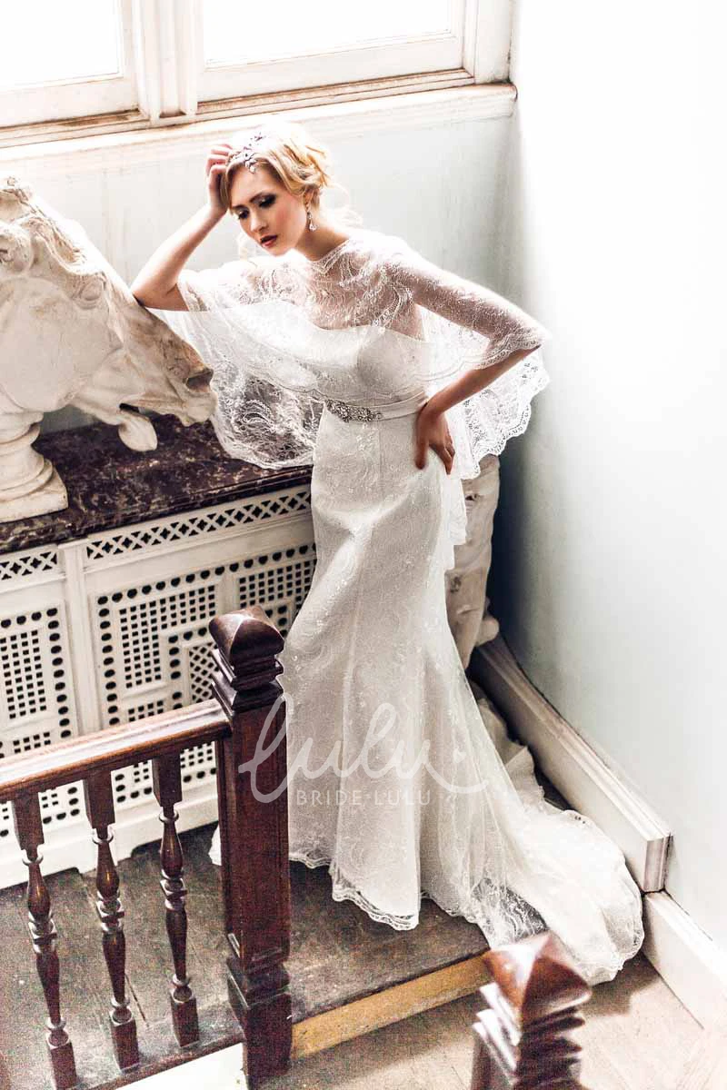 Satin Wedding Dress with Cape Poet-Sleeve and Scoop Neck Design