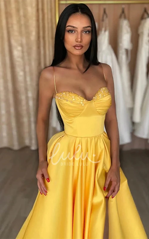 Satin Spaghetti Flowy A-Line Beach Evening Dress with Appliques and Split Front Simple and Sexy