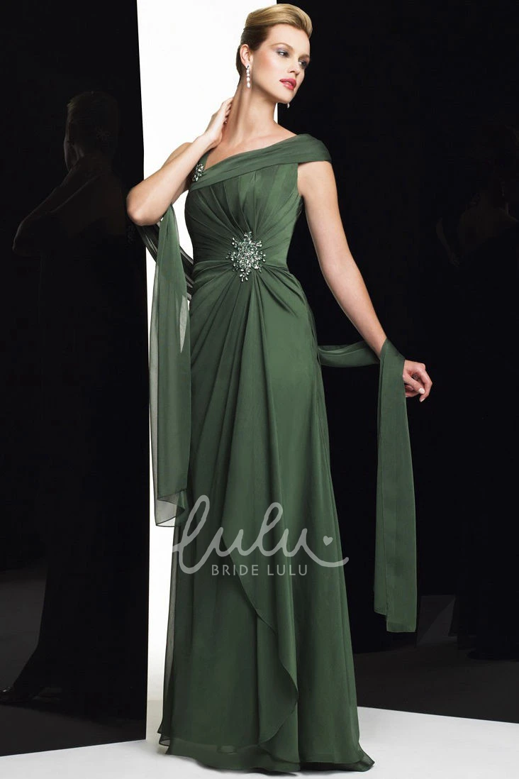Maxi Chiffon Formal Dress with Draping Sheath Cap-Sleeve Broach