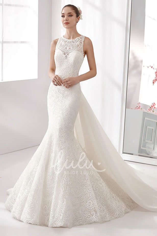 Mermaid Lace Wedding Dress Jewel-Neck and Detachable Bow Train
