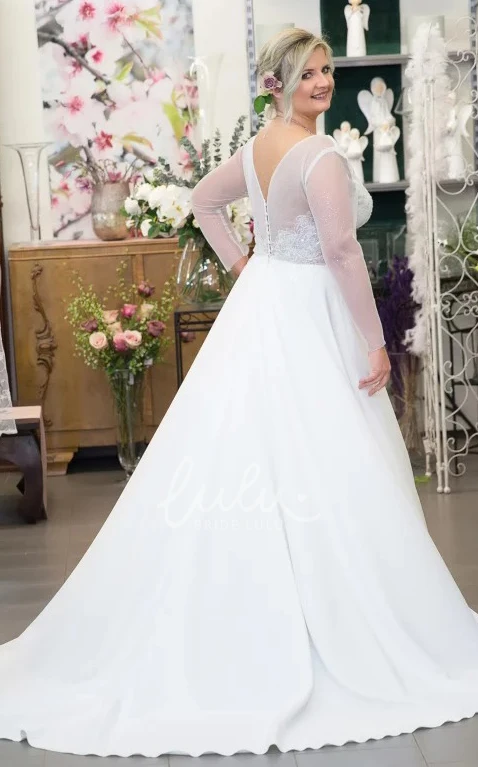 Elegant Long Sleeve Satin Wedding Dress with Low-V Back and Court Train