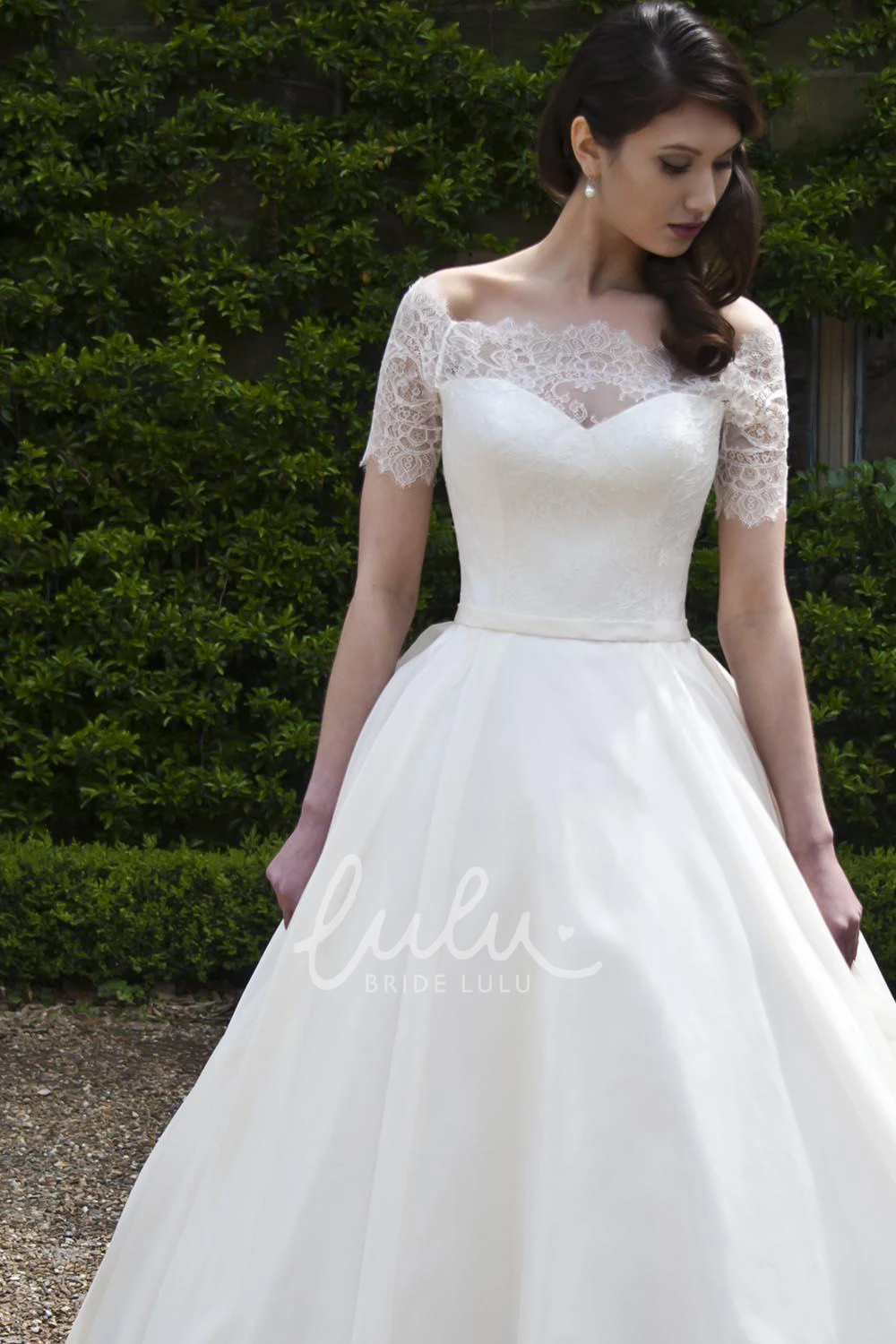 Short Sleeve Tulle and Satin Ball Gown Wedding Dress with Bateau Neckline
