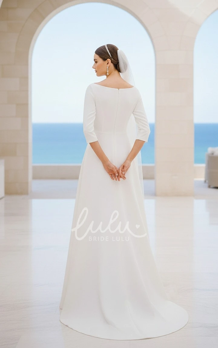 Chic A-Line Boat Neck 3/4 Sleeves Bridal Dress Minimalist Satin Warm Sweep Train Wedding Gown
