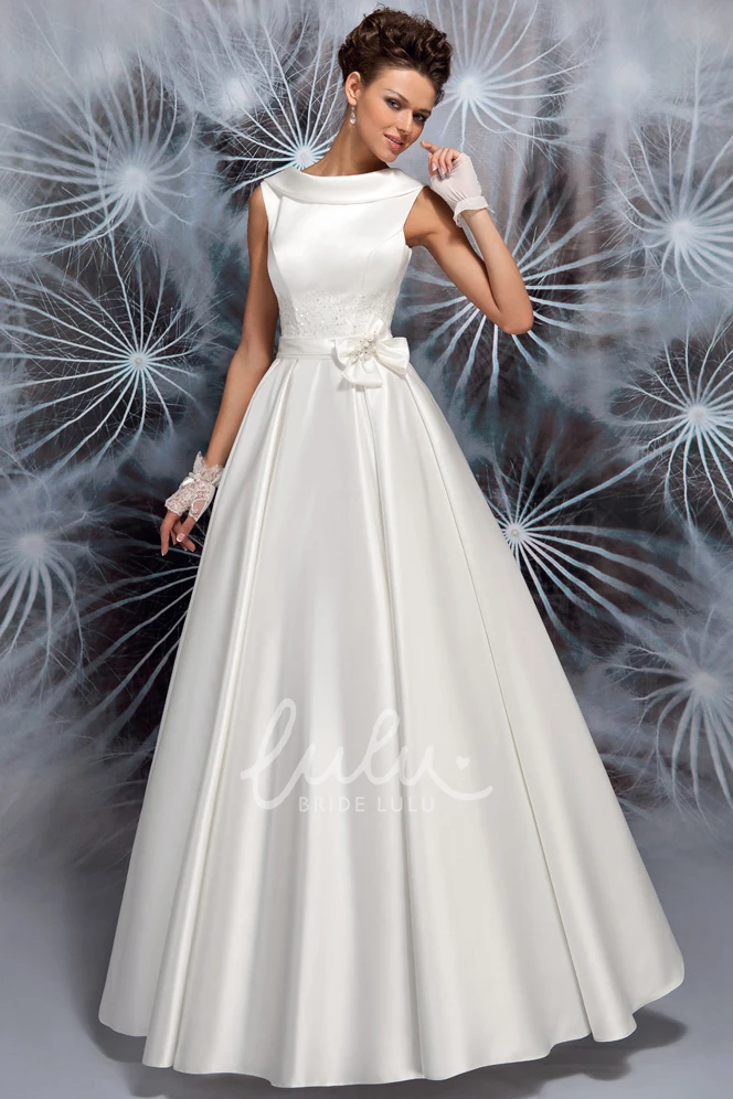 Satin Wedding Dress with Beading and Bowed Sleeveless A-Line Floor-Length