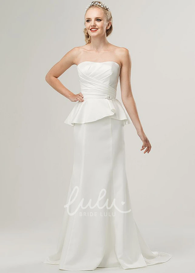 Satin Strapless Peplum Wedding Dress with Ruching Floor-Length Sheath