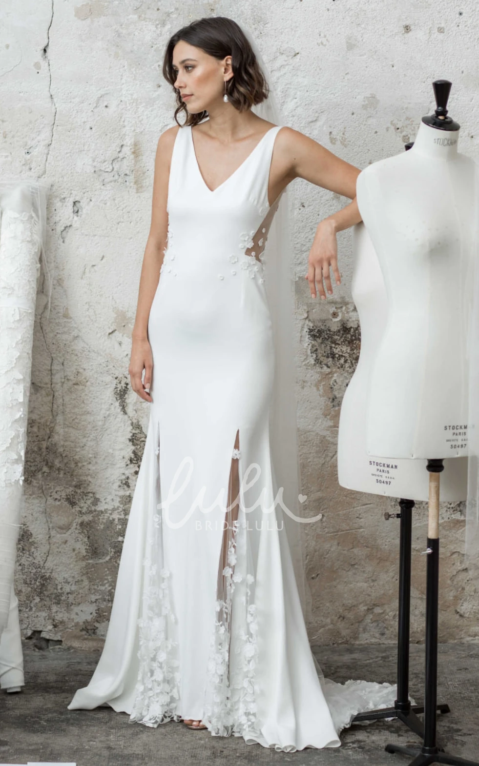 Country Wedding Dress Mermaid Satin with V-Neck Illusion Back and Appliques