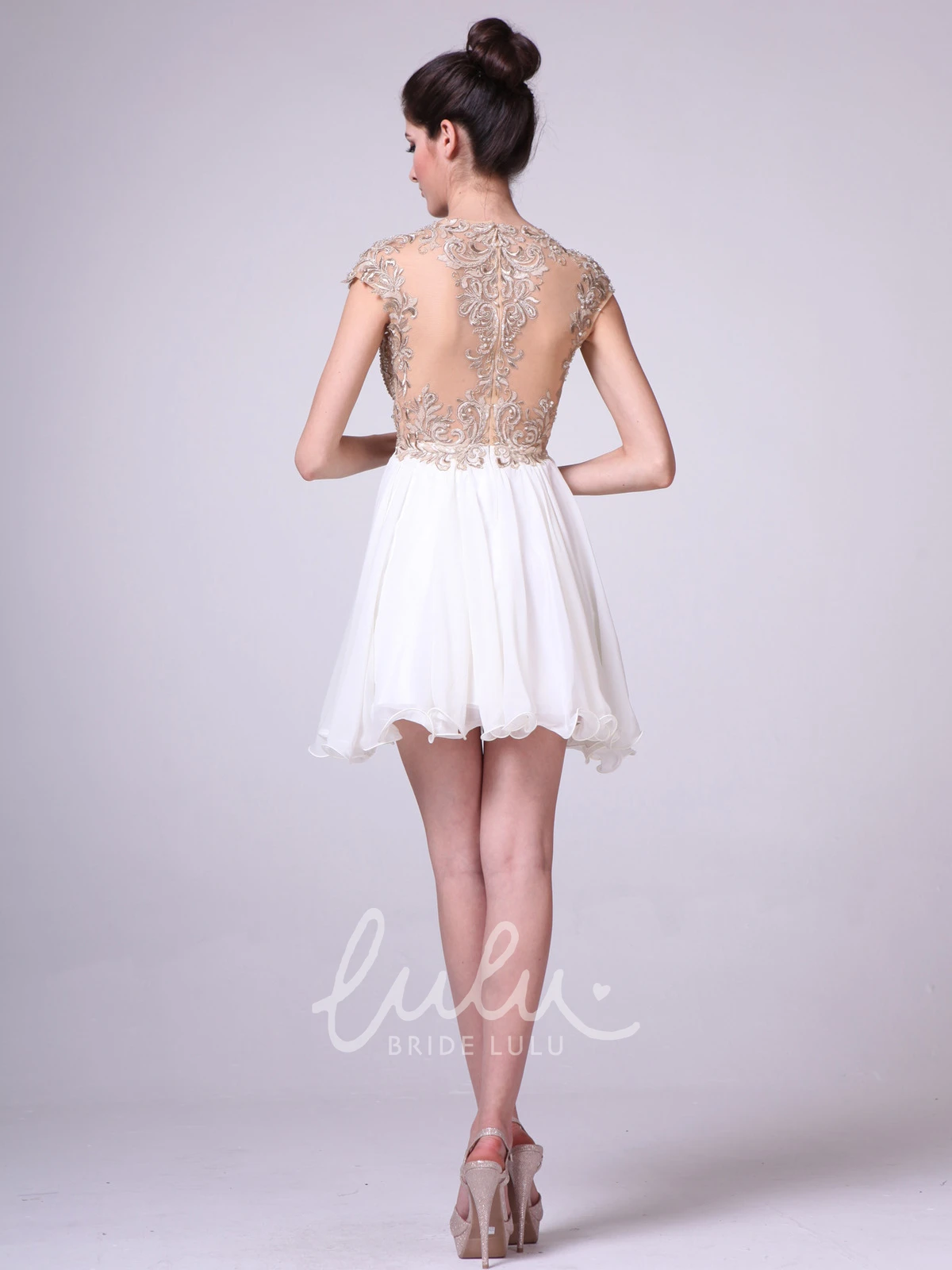 Short Cap-Sleeve A-Line Empire Dress with Beading and Pleats