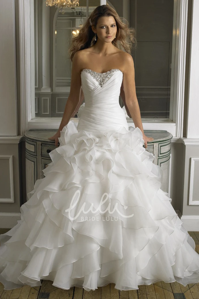 Organza Beaded Wedding Dress with Cascading Ruffles and Ruching A-Line Bridal Gown