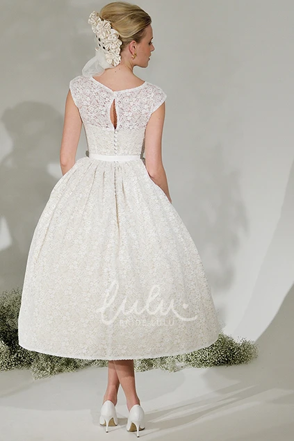A-Line Cap Sleeve Lace Wedding Dress with Ribboned Scoop Neck Tea-Length