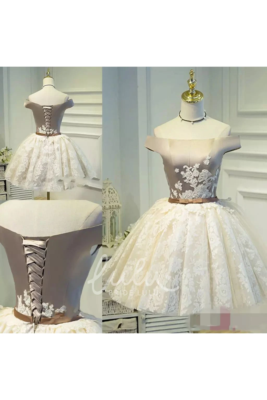 Off-the-shoulder Satin Lace Homecoming Dress Ball Gown Pleats Appliques Bow